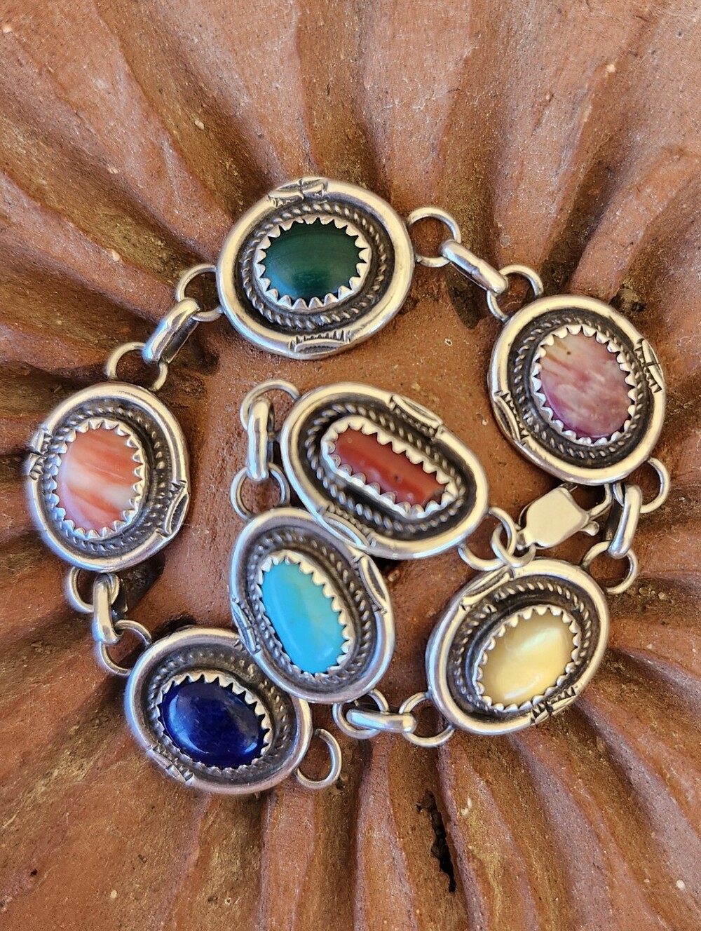 Vintage Native American Sterling Turquoise Multi Gem Stone Bracelet Spiny Oyster